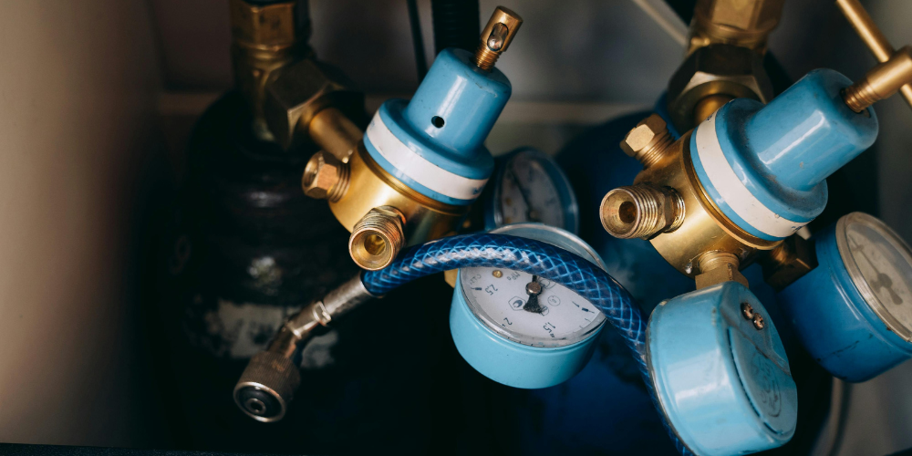 Close up of blue pressure valves